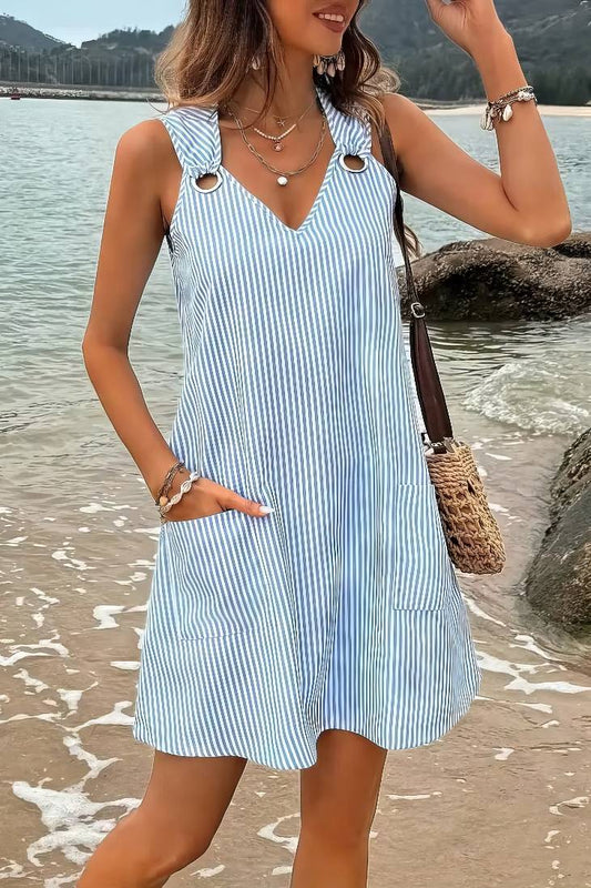 Vestido Boho Azul A Rayas Sin Mangas Escote V Con Bolsillos