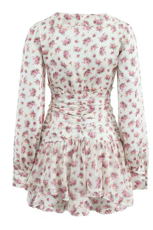 Vestido Boho Corto Floral Cuello En V Manga Larga Con Volantes