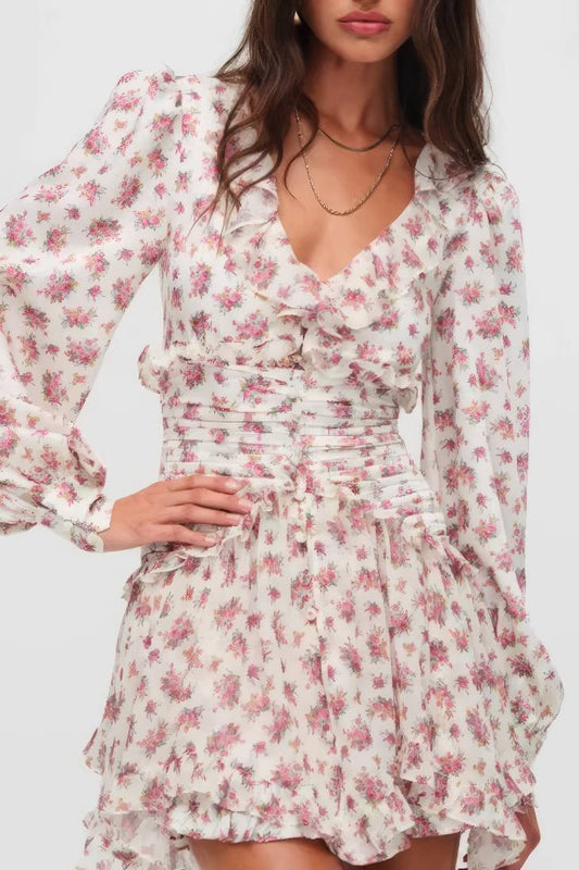 Vestido Boho Corto Floral Cuello En V Manga Larga Con Volantes