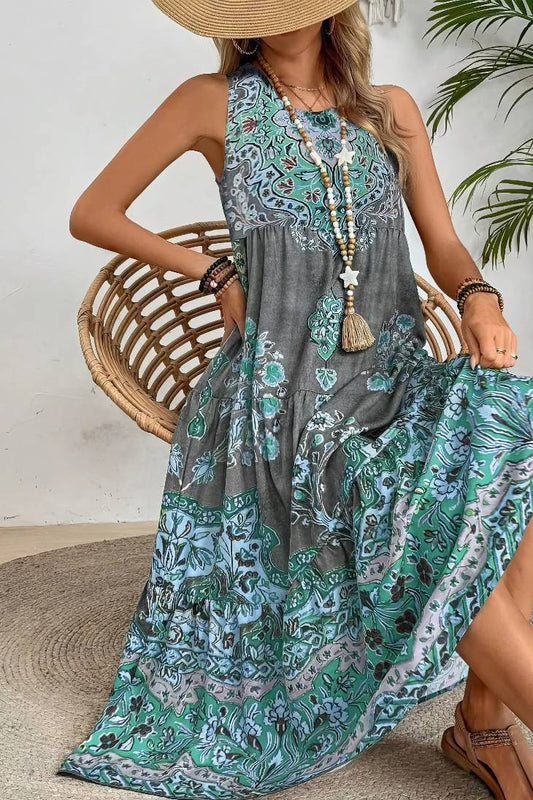 Vestido Boho Estampado Étnico Sin Mangas Largo