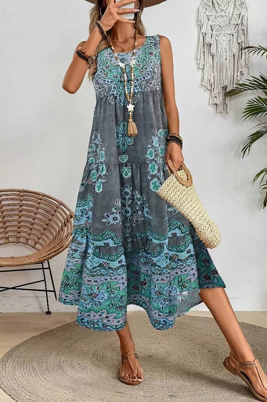 Vestido Boho Estampado Étnico Sin Mangas Largo