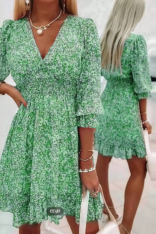 Vestido Boho Floral Corto Escote V Manga 3/4 Fluid