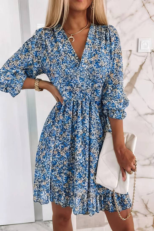 Vestido Boho Floral Corto Escote V Manga 3/4 Fluid