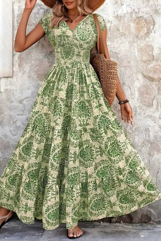 Vestido Boho Floral Largo Escote V Fluido