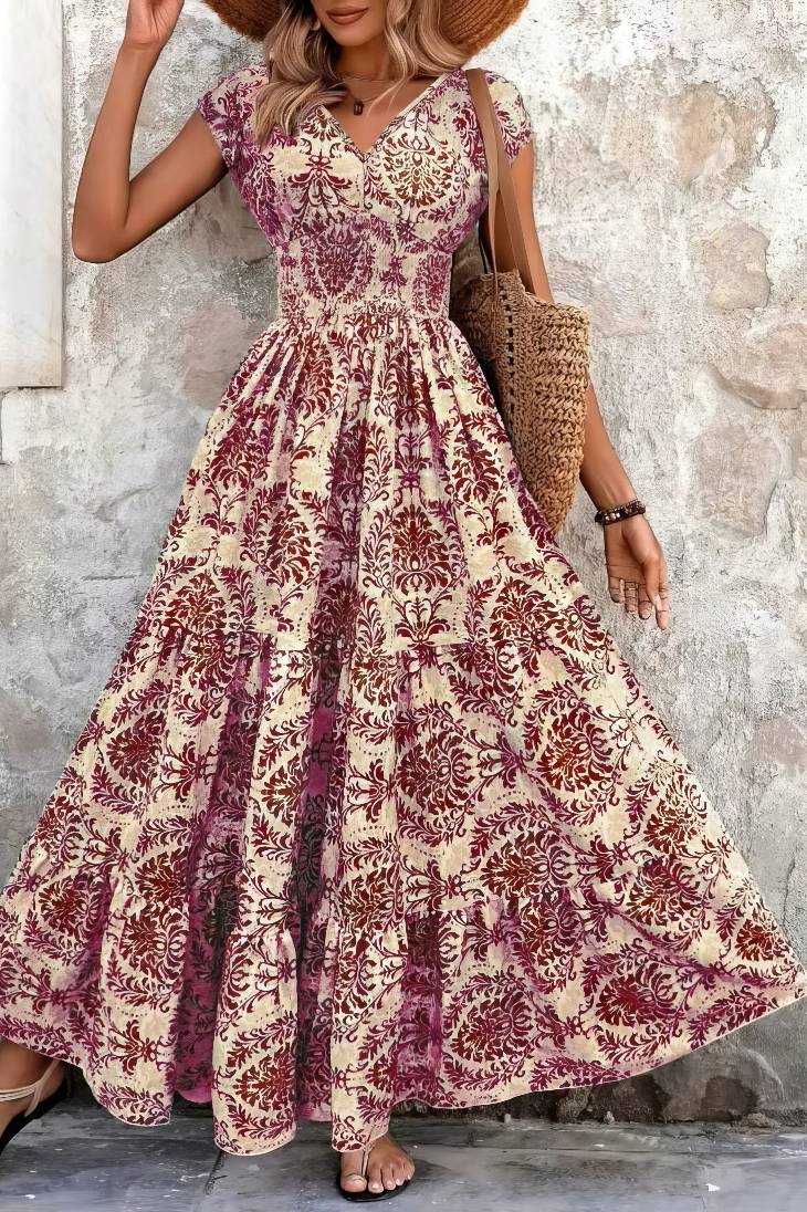 Vestido Boho Floral Largo Escote V Fluido