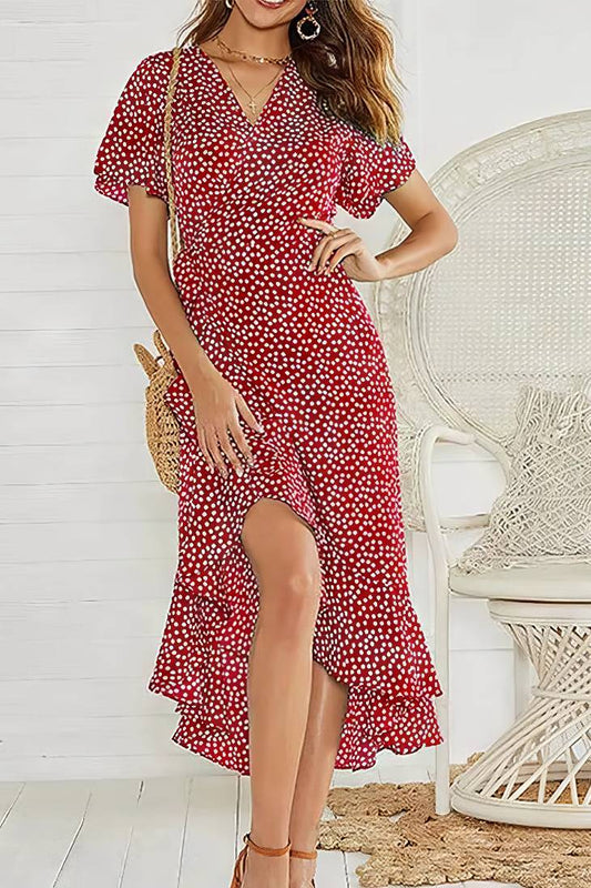 Vestido Boho Floral Manga Corta Cuello En V