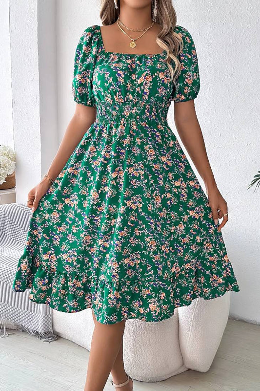 Vestido Boho Floral Manga Corta Escote Cuadrado Con Volantes