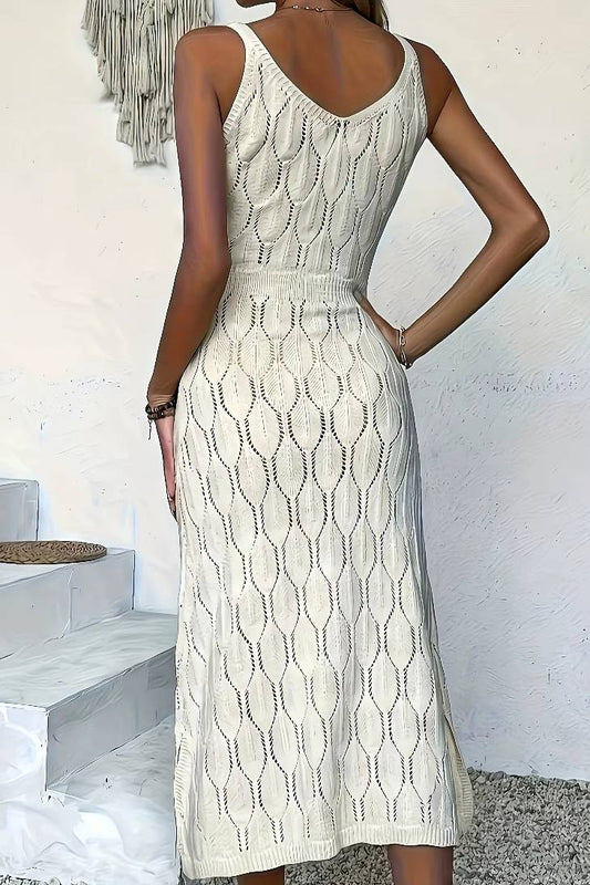 Vestido Boho Largo Beige De Crochet Tejido Sin Mangas Verano Playa