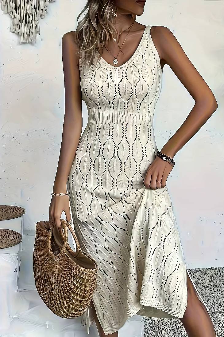 Vestido Boho Largo Beige De Crochet Tejido Sin Mangas Verano Playa