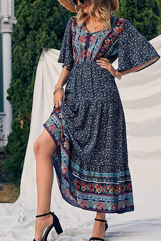 Vestido Boho Largo Estampado Étnico Cuello En V Manga Corta