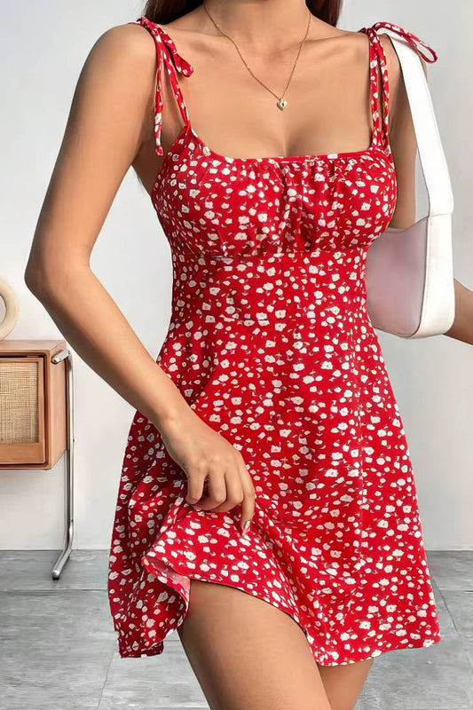 Vestido Boho Rojo Floral Corto Tirantes Finos Sin Mangas Con Abertura