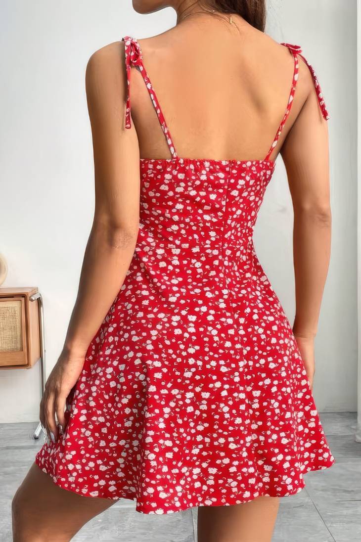 Vestido Boho Rojo Floral Corto Tirantes Finos Sin Mangas Con Abertura