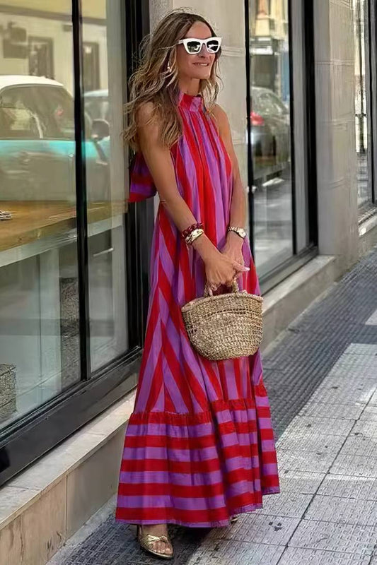Vestido Boho Rosa A Rayas Rojas Largo Cuello Halter Fluido
