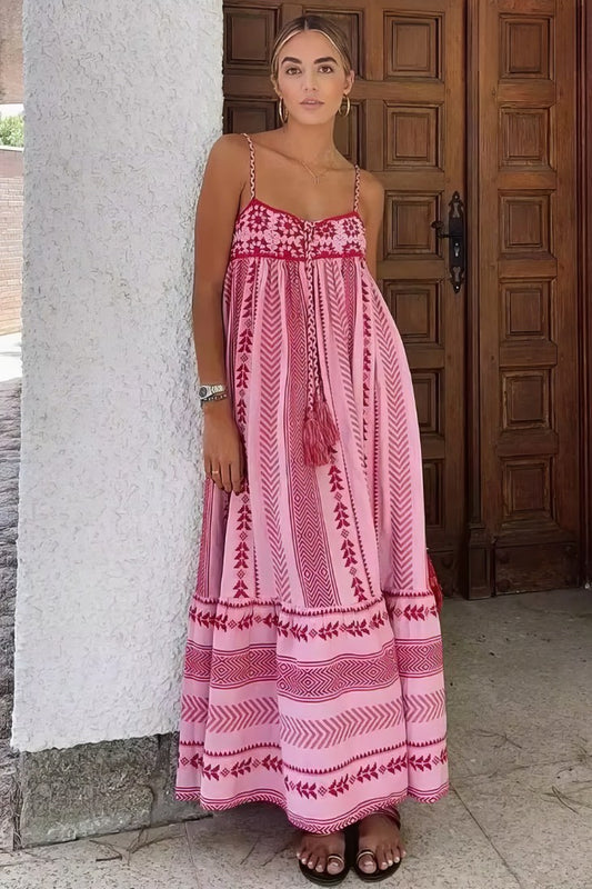 Vestido Boho Rosa Largo Estampado Étnico Tirantes Finos Sin Mangas