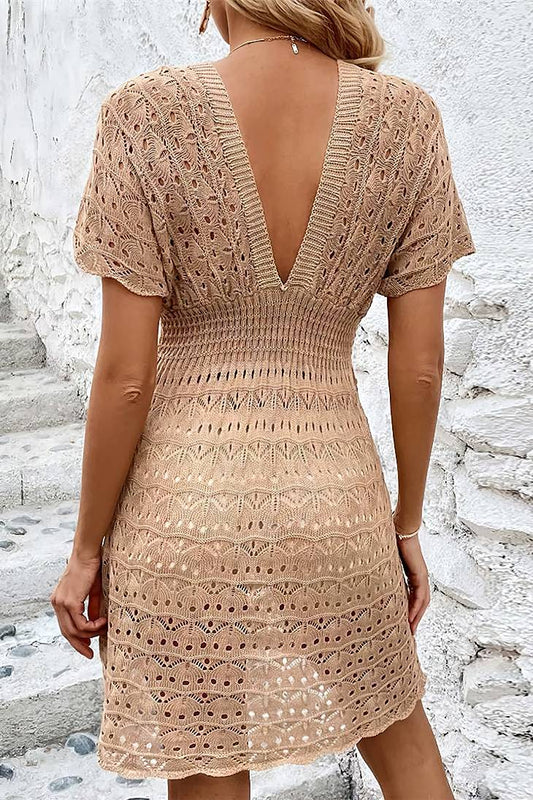 Vestido Corto De Crochet Cuello En V Manga Corta Estilo Playa