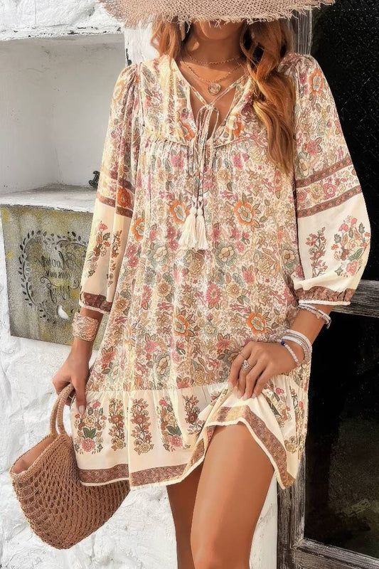 Vestido Corto Floral Boho Cuello En V Con Lazo Manga Larga Volantes Verano