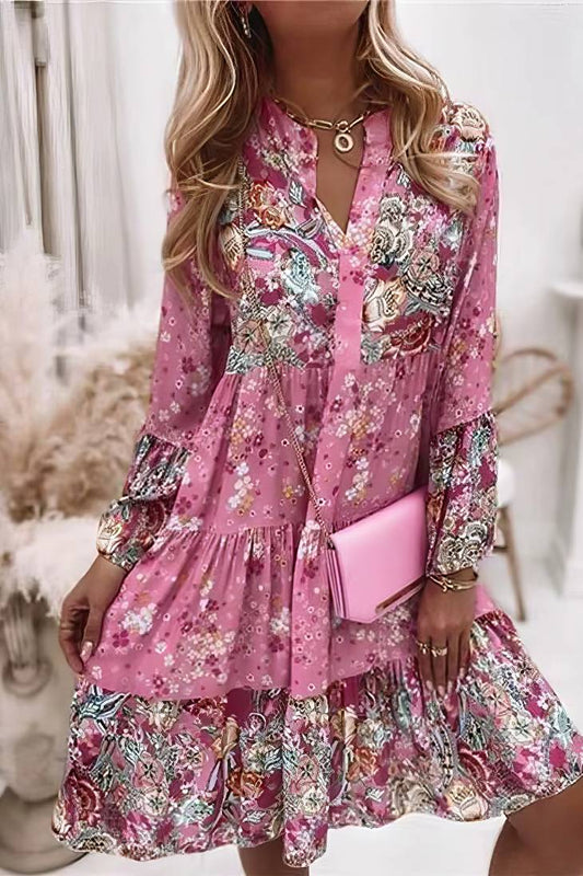 Vestido Corto Floral Cuello En V Manga Larga Volantes Corte Suelto Verano Boho