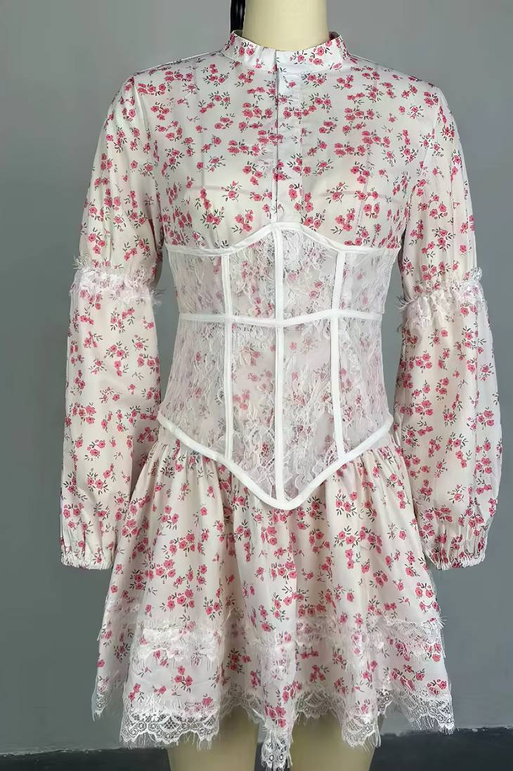 Vestido Corto Floral Cuello En V Profundo Manga Larga Con Volantes Elegante