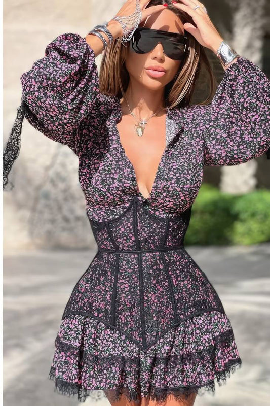 Vestido Corto Floral Cuello En V Profundo Manga Larga Con Volantes Elegante
