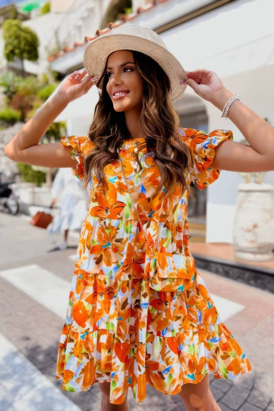 Vestido Corto Floral Manga Corta Volantes Corte Trapecio Verano Boho
