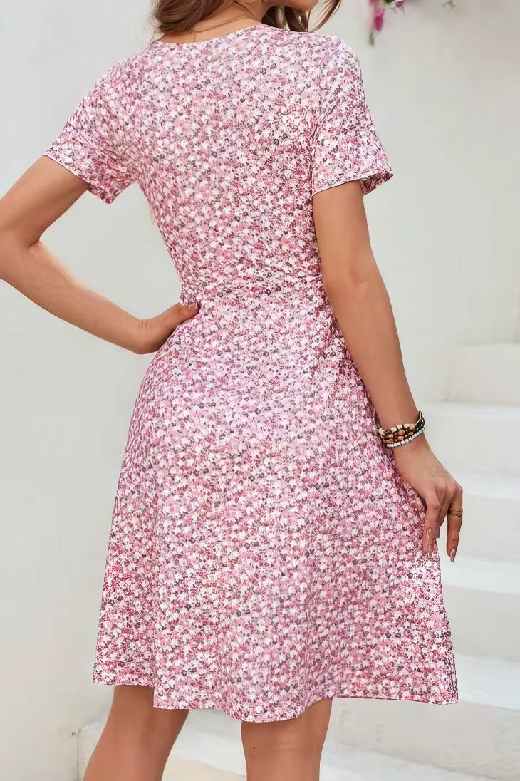 Vestido Corto Floral Rosa Cuello En V Manga Corta Cruzado Cintura Ajustada Verano