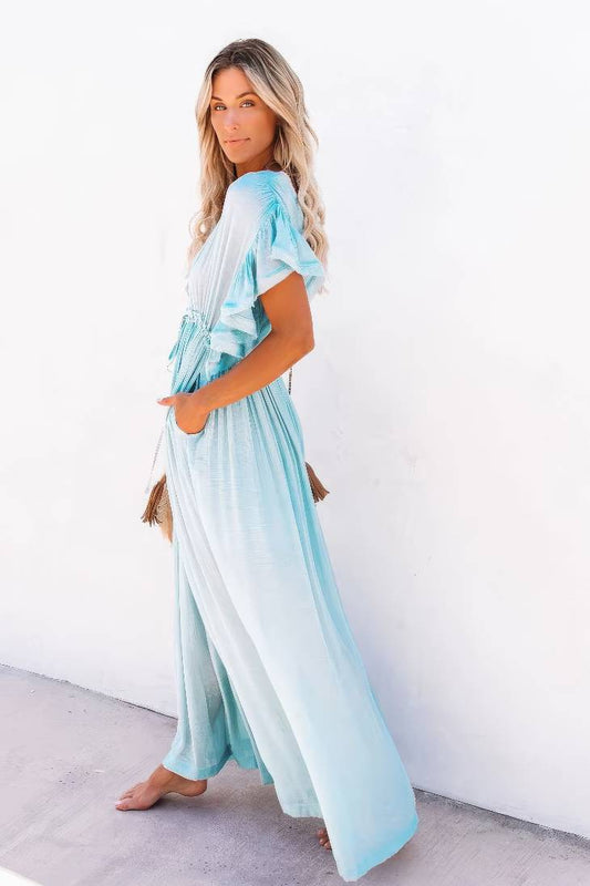 Vestido Largo Azul Claro Escote En V Manga Corta Amplia Cintura Fruncida Con Botones Boho Verano