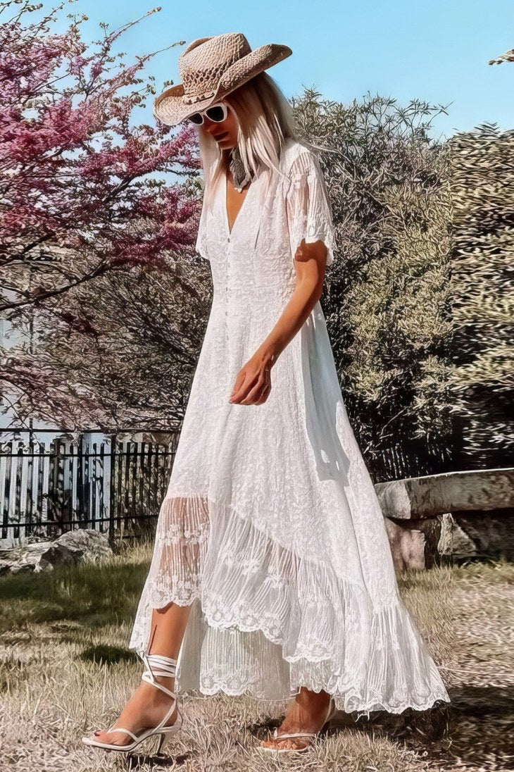 Vestido Largo Blanco De Encaje Cuello En V Manga Corta Botones Falda Asimétrica Verano Boho