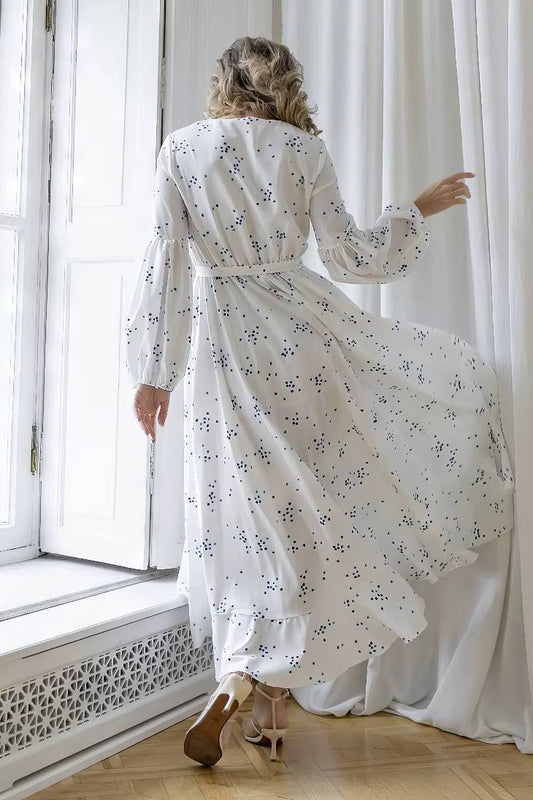 Vestido Largo Blanco De Lunares Escote En V Manga Larga Cintura Con Lazo Boho Verano