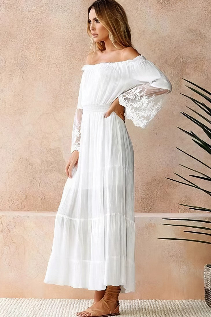 Vestido Largo Blanco Hombros Descubiertos Manga Larga Con Encaje Boho Verano