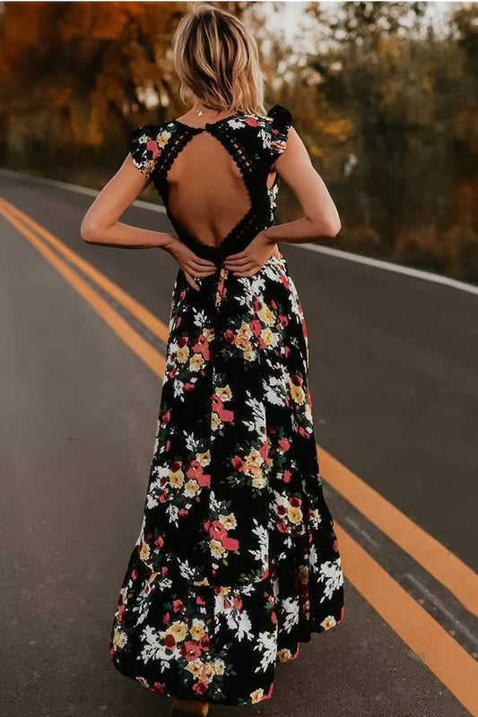 Vestido Largo Floral Cuello En V Sin Mangas Falda Asimétrica Verano Boho