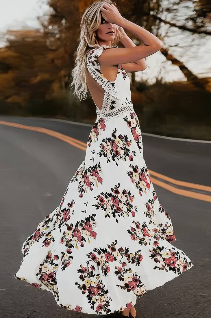 Vestido Largo Floral Cuello En V Sin Mangas Falda Asimétrica Verano Boho