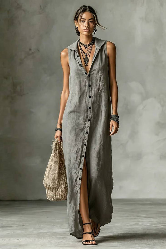 Vestido Largo Sin Mangas Cuello En V Abotonado Con Bolsillos