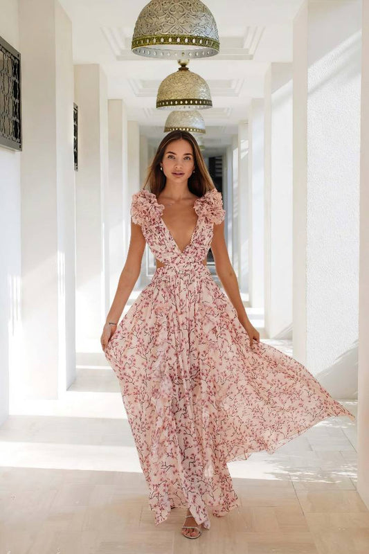 Vestido Maxi Floral Cuello En V Profundo Manga Volantes Abertura Lateral Verano Boho