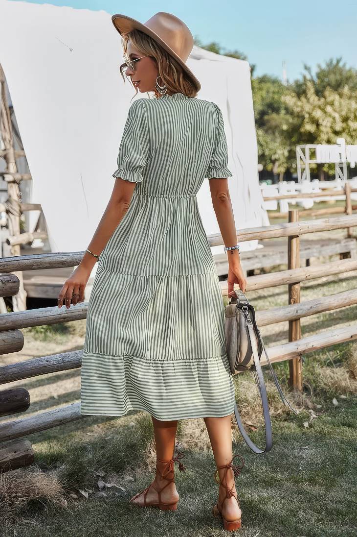 Vestido Midi A Rayas Cuello En V Manga Corta Botones Cintura Ajustada Verano Boho