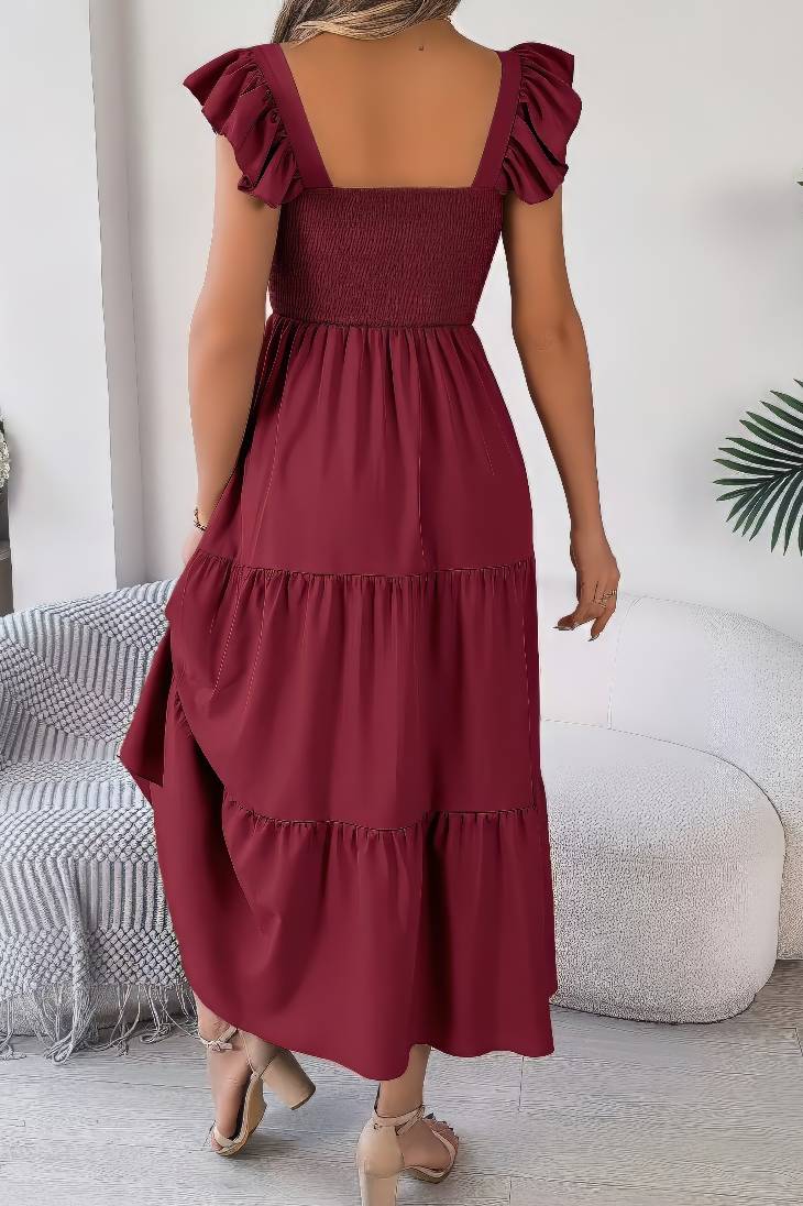 Vestido Midi Cuello Cuadrado Sin Mangas Hombros Con Volantes Cintura Fruncida Verano Boho