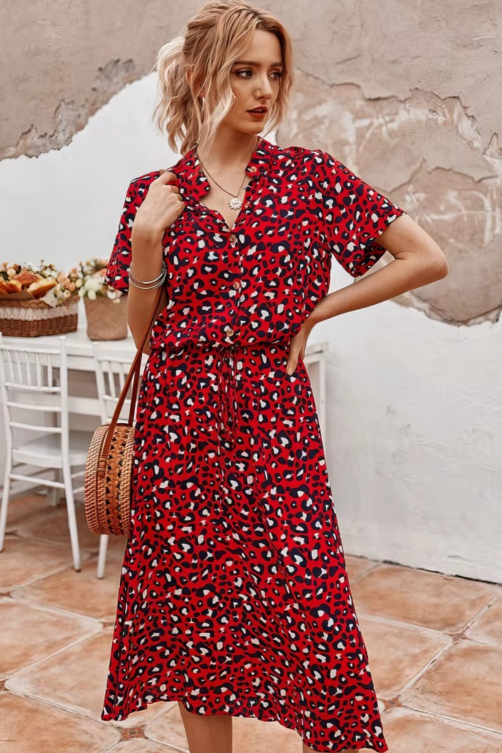 Vestido Midi Leopardo Escote En V Manga Corta Cintura Elástica Falda Fluida Verano