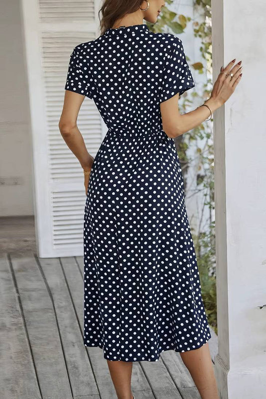 Vestido Midi Lunares Cuello En V Manga Corta Botones Cintura Ajustada Verano Retro