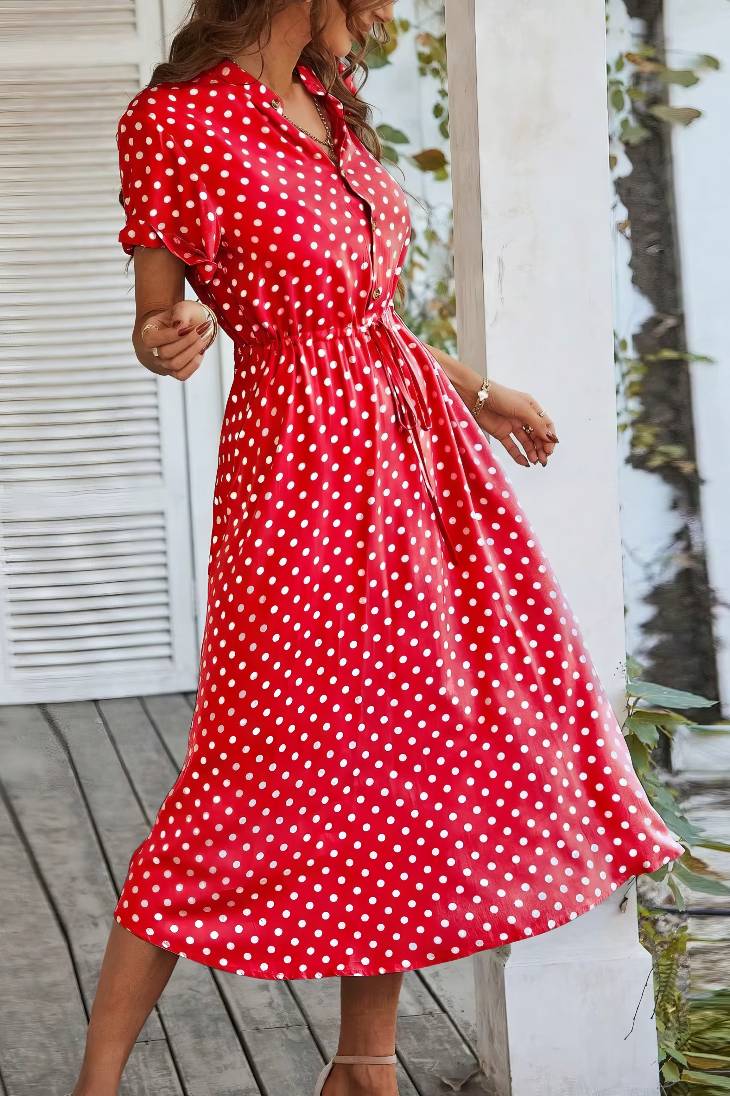 Vestido Midi Lunares Cuello En V Manga Corta Botones Cintura Ajustada Verano Retro