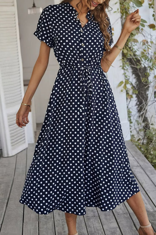 Vestido Midi Lunares Cuello En V Manga Corta Botones Cintura Ajustada Verano Retro