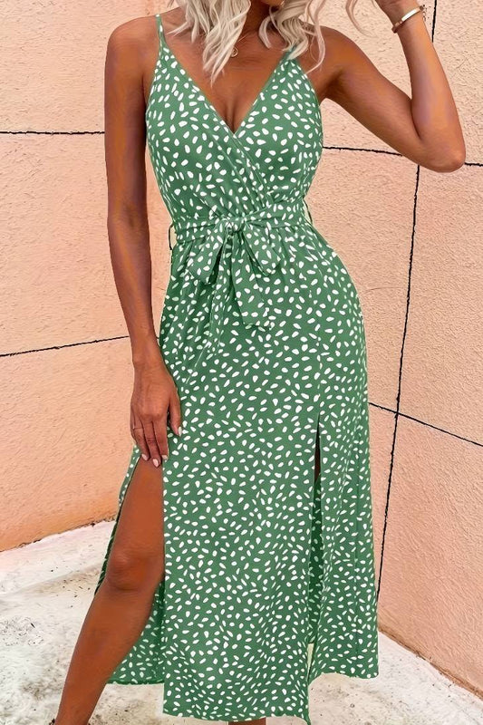 Vestido Midi Verde Estampado Moteado Tirantes Finos Cuello En V Con Lazo Abertura Verano