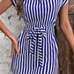 Vestido Boho Azul A Rayas Corto Manga Corta Con Cinturón