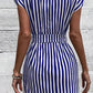Vestido Boho Azul A Rayas Corto Manga Corta Con Cinturón
