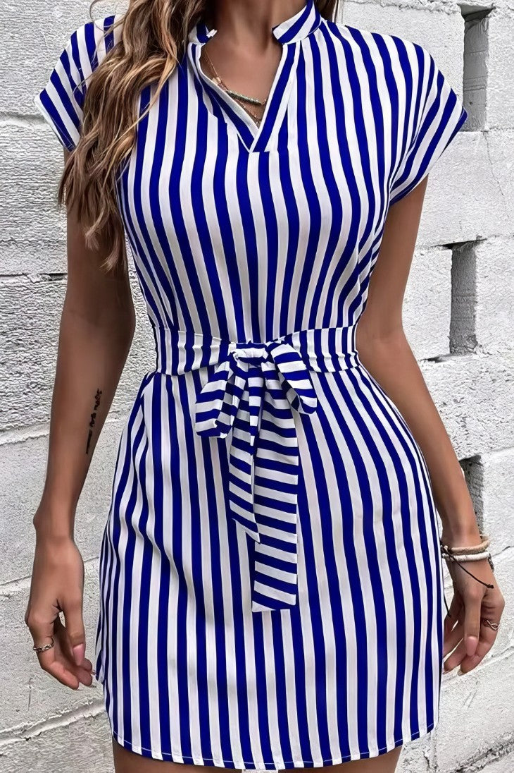 Vestido Boho Azul A Rayas Corto Manga Corta Con Cinturón