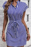 Vestido Boho Azul A Rayas Corto Manga Corta Con Cinturón