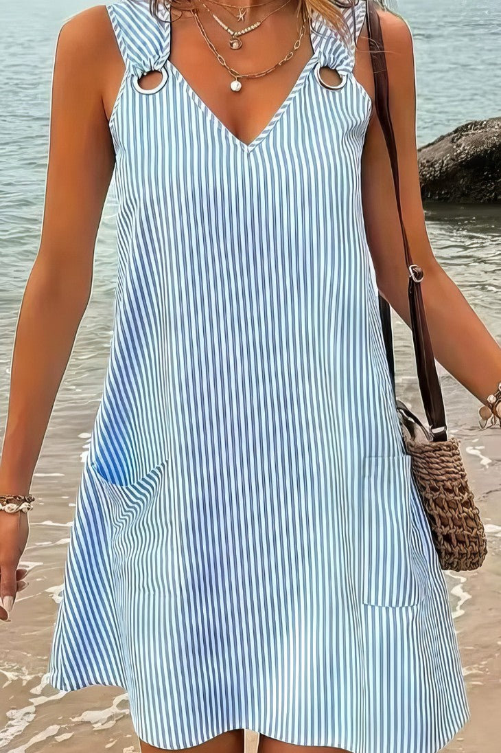 Vestido Boho Azul A Rayas Sin Mangas Escote V Con Bolsillos