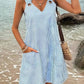 Vestido Boho Azul A Rayas Sin Mangas Escote V Con Bolsillos