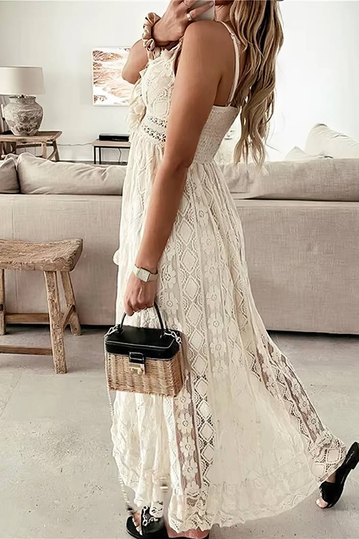 Vestido Boho Beige De Encaje Tirantes Cuello En V
