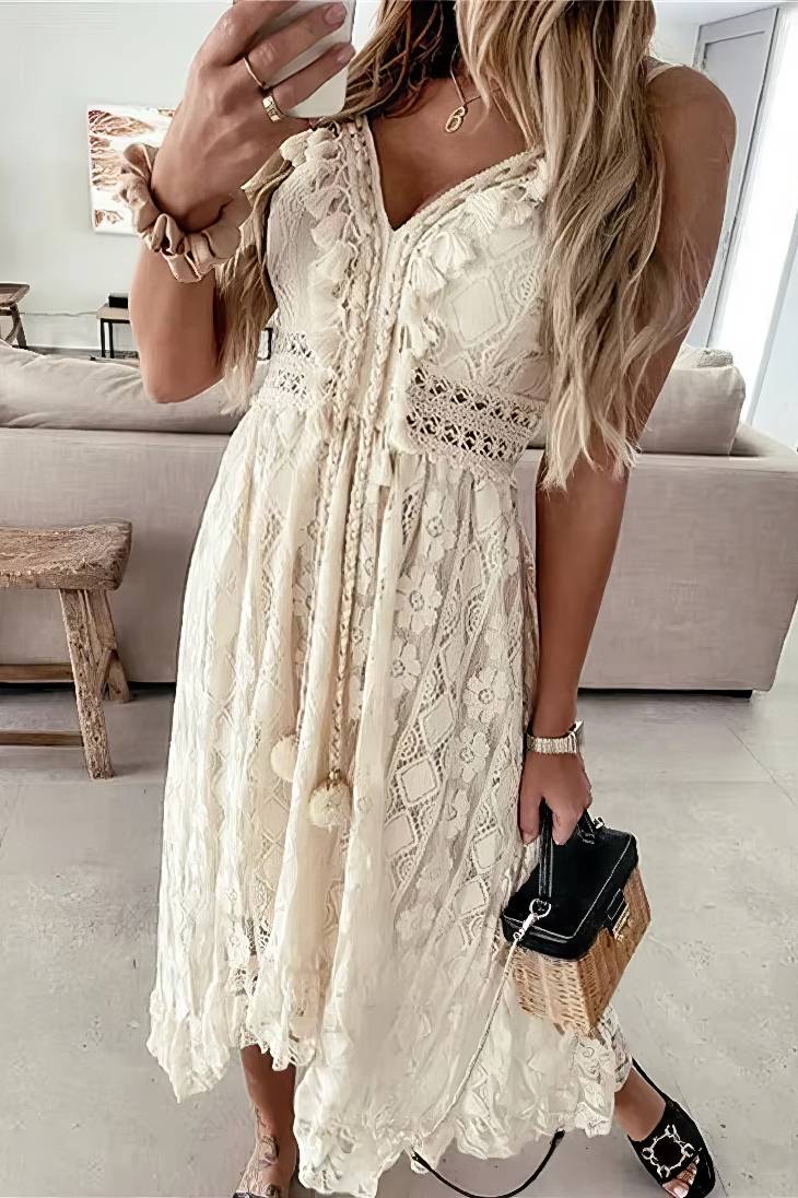 Vestido Boho Beige De Encaje Tirantes Cuello En V