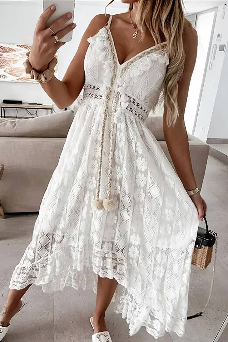 Vestido Boho Blanco De Encaje Tirantes Cuello En V
