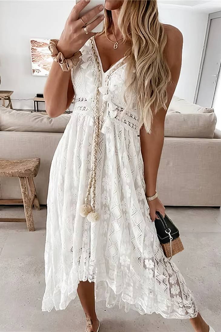 Vestido Boho Blanco De Encaje Tirantes Cuello En V